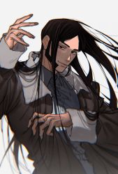 Rule 34 | 1boy, ant (wip 0011), black eyes, black hair, coat, golden kamuy, hand up, highres, long hair, long sleeves, looking at viewer, male focus, oosawa fusatarou, sideburns, simple background, solo, upper body, white background