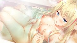 Rule 34 | 1girl, ayase hazuki, bathroom, bathtub, blonde hair, blue eyes, blush, grabbing another&#039;s breast, breasts, completely nude, embarrassed, eyebrows hidden by hair, from above, futaba natsuho, game cg, grabbing, groin, highres, indoors, legs, long hair, looking back, male hand, medium breasts, navel, nipples, no pussy, nude, original, parted lips, partially submerged, pervert, sitting, steam, thighs, water, wet, yubisaki connection