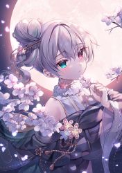 Rule 34 | 1girl, 25-ji miku, 25-ji nightcord de. (project sekai), aqua eyes, aqua hair, arm at side, backlighting, bare shoulders, branch, buttons, cherry blossoms, closed mouth, doily, dot nose, flower, full moon, gin (gin937), gold trim, grey hair, grey kimono, hair between eyes, hair bun, hair flower, hair ornament, hairpin, halterneck, hand up, hatsune miku, head tilt, heterochromia, highres, holding, holding flower, japanese clothes, kimono, light particles, looking afar, moon, moonlight, multicolored hair, night, night sky, official alternate costume, petals, pink eyes, pink flower, project sekai, purple theme, sekai no sakura tsunagaru omoi (project sekai), shadow, side bun, sideways glance, single hair bun, single side bun, sky, solo, streaked hair, tassel, tassel hair ornament, tsurime, vocaloid