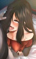 Rule 34 | 1boy, 1girl, ahegao, alternate hairstyle, arm support, bad id, bad twitter id, bare shoulders, bed, black hair, blush, boxer briefs, breasts, brown legwear, bulge, cleavage, collarbone, covered erect nipples, covered penis, dress, drooling, erection, erection under clothes, fellatio, fumihiko (fu mihi ko), highres, large breasts, leggings, licking, licking penis, long hair, looking at penis, male underwear, off-shoulder sweater, off shoulder, open mouth, oral, penis, penis awe, penis on face, red eyes, red sweater, saliva, spy x family, support, sweat, sweater, sweater dress, tongue, tongue out, twilight (spy x family), underwear, yor briar