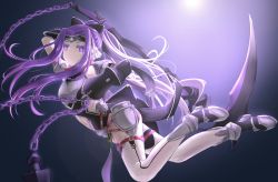 Rule 34 | 1girl, absurdres, arm up, armor, black background, black gloves, black leotard, boots, breastplate, chain, expressionless, fate/grand order, fate (series), gauntlets, gloves, headband, highres, jumping, legs, leotard, long hair, medusa (fate), medusa (lancer) (fate), medusa (rider) (fate), navel, ponytail, purple eyes, purple hair, ribbon, rider, satsuki (swkerc), scythe, simple background, solo, thighhighs, weapon, white thighhighs
