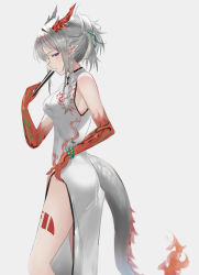 Rule 34 | 1girl, absurdres, arknights, bare shoulders, braid, breasts, china dress, chinese clothes, commentary request, dress, from side, grey background, highres, horns, jenmin12, long hair, looking at viewer, medium breasts, nian (arknights), nian (unfettered freedom) (arknights), official alternate costume, profile, purple eyes, silver hair, simple background, single braid, sleeveless, sleeveless dress, solo, standing, tail, thighs, white dress