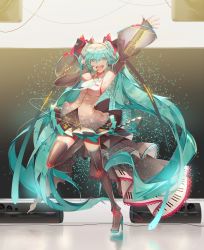 Rule 34 | 1girl, absurdres, anniversary, aqua eyes, aqua hair, arm up, black thighhighs, commentary request, detached sleeves, happy, hatsune miku, headset, high heels, highres, light particles, long hair, looking at viewer, necktie, open mouth, pleated skirt, saihate (d3), skirt, solo, speaker, standing, standing on one leg, thighhighs, twintails, very long hair, vocaloid, zettai ryouiki