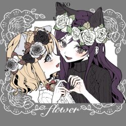 Rule 34 | a7 (a752170096), aespa, animal ear fluff, animal ears, animification, bell, black collar, black flower, black rose, black sweater, blue eyes, blush, border, bow, cat ears, chinese commentary, collar, flower, grey border, grey eyes, hair behind ear, head wreath, heart, heart hands, heart hands duo, k-pop, karina (aespa), kemonomimi mode, long hair, looking at viewer, mole, mole under mouth, neck bell, open mouth, purple hair, real life, red bow, rose, short hair, slit pupils, sweater, white flower, white rose, white sweater, winter (aespa)