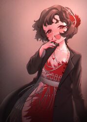 Rule 34 | 1girl, :d, black coat, black hair, blood, blood on face, blood on hands, blush, chromatic aberration, coat, curly hair, dress, feather dress, feather hair ornament, feathers, finger to mouth, greenteamousou, hair ornament, half-closed eyes, hand up, highres, jewelry, long sleeves, looking at viewer, necklace, open clothes, open coat, open mouth, red background, red dress, red eyes, red feathers, reverse:1999, schneider (reverse:1999), short hair, smile, solo, teeth, upper body, upper teeth only, vignetting