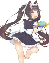 Rule 34 | 1girl, :3, :d, animal ear fluff, animal ears, ass, back bow, barefoot, bi neko706, black dress, blunt bangs, blush, bow, brown eyes, brown hair, cat ears, cat girl, cat tail, chocola (nekopara), commentary request, dress, fang, feet, floating hair, foot out of frame, frilled dress, frills, hair bow, happy, highres, holding, holding water gun, kneepits, long hair, looking at viewer, looking back, maid headdress, nekopara, no panties, open mouth, pink bow, puffy short sleeves, puffy sleeves, short dress, short sleeves, sidelocks, simple background, slit pupils, smile, soles, solo, standing, standing on one leg, tail, toes, twintails, very long hair, water gun, white background, white bow, white wrist cuffs, wrist cuffs