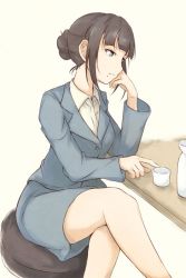 Rule 34 | 10s, 1girl, aged up, aqua eyes, breasts, brown hair, choko (cup), closed mouth, collared shirt, commentary, crossed legs, cup, formal, from side, frown, hair bun, hair up, head rest, ken (kenta1922), kurosawa dia, long sleeves, looking to the side, love live!, love live! sunshine!!, medium breasts, mole, mole under mouth, office lady, pencil skirt, sakazuki, shirt, sideways mouth, simple background, single hair bun, sitting, skirt, skirt suit, solo, suit, white background, white shirt, wing collar