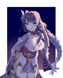 Rule 34 | 1girl, absurdres, braid, breasts, bridal gauntlets, cleavage, closed mouth, coattails, commentary request, flower, genshin impact, hair ornament, handle, highres, japanese clothes, kimono, large breasts, long hair, long sleeves, looking at viewer, mitsudomoe (shape), mole, mole under eye, nail polish, purple background, purple eyes, purple flower, purple hair, raiden shogun, ribbon, sash, simple background, solo, tassel, thighhighs, tomoe (symbol), weapon, white background, wide sleeves, youpofen