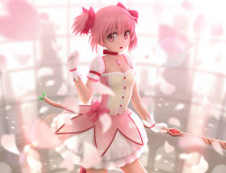 Rule 34 | 10s, 1girl, bow, bow (weapon), breasts, bubble skirt, choker, cleavage, dress, gloves, hair bow, jewelry, kaname madoka, looking at viewer, magic circle, mahou shoujo madoka magica, mahou shoujo madoka magica (anime), open mouth, pendant, petals, pink dress, pink eyes, pink hair, puffy short sleeves, puffy sleeves, ribbon choker, short sleeves, siraha, skirt, solo, twintails, weapon, white gloves
