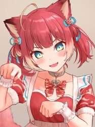 Rule 34 | 1girl, :d, ahoge, akami karubi, animal ears, blue eyes, blue ribbon, blush, bow, bowtie, brown background, cat ears, cat girl, collar, collarbone, dress, fangs, frilled wrist cuffs, frills, gloves, grey collar, highres, indie virtual youtuber, ishiyuki, looking at viewer, multicolored hair, open mouth, paw pose, red bow, red bowtie, red dress, red hair, ribbon, short hair, simple background, smile, solo, tongue, twintails, virtual youtuber, white wrist cuffs, wrist cuffs