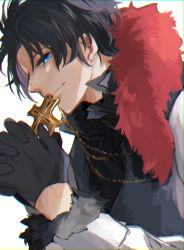 Rule 34 | 1boy, bartholomew roberts (fate), black hair, blue eyes, cross, cross kiss, cross necklace, dark-skinned male, dark skin, dress, fate/grand order, fate (series), from side, fur collar, fur sleeves, gloves, hally, jewelry, looking at viewer, male focus, necklace, smile, solo, upper body, weapon, white background