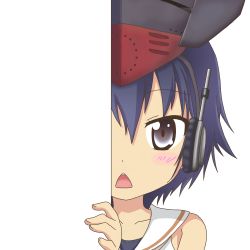 Rule 34 | 10s, 1girl, asymmetrical hair, bare shoulders, black hair, blush, brown eyes, commentary request, hair between eyes, hat, headphones, i-14 (kancolle), kantai collection, looking at viewer, nagineko, open mouth, peeking out, school swimsuit, short hair, solo, swimsuit, transparent background, triangle mouth