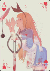 Rule 34 | 1girl, absurdres, ace (playing card), ace of hearts, alice (alice in wonderland), alice in wonderland, animal ears, apron, bandaged arm, bandages, black hairband, blonde hair, blood, blood on clothes, blood splatter, bloody bandages, bloody scissors, blue dress, bow hairband, card, character name, commentary request, cowboy shot, dress, from side, green background, hairband, hands up, hayoou02, heart, highres, jewelry, korean commentary, leaning forward, long hair, maid apron, necklace, open mouth, playing card, profile, rabbit ears, red eyes, scissors, short sleeves, simple background, solo, teeth, thighhighs, upper teeth only