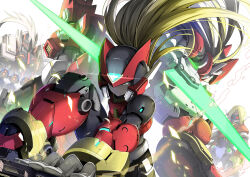 Rule 34 | 1girl, absurdres, aile (mega man zx), armor, back-to-back, battle, beam saber, black armor, blonde hair, bodystocking, boots, energy sword, fighting stance, forehead jewel, gauntlets, girouette (mega man), green eyes, helmet, highres, holding, holding weapon, mega man (series), mega man zero (series), mega man zx, model z (mega man), model zx (mega man), multiple boys, omega (mega man), pantheon (mega man), pink hair, ponytail, red armor, sleeveless, sword, weapon, zelitto, zero(z) (mega man), zero (mega man)