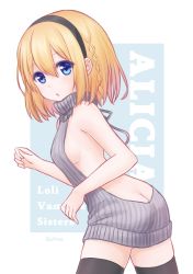 Rule 34 | ass, backless dress, backless outfit, black thighhighs, blonde hair, blue eyes, braid, breasts, butt crack, character request, copyright request, dress, grey sweater, hairband, highres, kalina (skiki86320), looking back, meme attire, naked sweater, no panties, short hair, sideboob, small breasts, sweater, sweater dress, thighhighs, turtleneck, turtleneck sweater, virgin killer sweater, zettai ryouiki