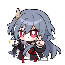 Rule 34 | 1girl, bag, black hair, black jacket, casual, chibi, closed mouth, fu hua, fu hua (herrscher of sentience), hair between eyes, honkai (series), honkai impact 3rd, jacket, long hair, looking at viewer, multicolored hair, official art, pointing, red eyes, shoulder bag, simple background, smile, solo, star (symbol), streaked hair, transparent background, v-shaped eyebrows, white background