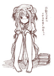 Rule 34 | 1girl, absurdres, barefoot, female focus, glasses, hat, highres, lock heart (juuryokudou), long hair, looking at viewer, monochrome, patchouli knowledge, sitting, sketch, solo, touhou, translation request