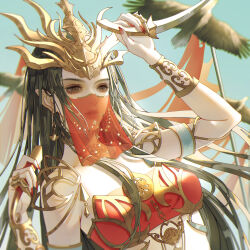 Rule 34 | 1girl, arm up, artist request, bird, black hair, blue sky, cai lin (doupo cangqiong), collar, doupo cangqiong, eagle, earrings, hair ornament, highres, holding, holding knife, jewelry, knife, long hair, metal collar, parted lips, pointy ears, second-party source, sky, solo, teeth, upper body, veil