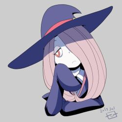 Rule 34 | 1girl, 2017, bright pupils, closed mouth, cropped torso, frown, grey background, hair over one eye, hat, little witch academia, looking to the side, oonuma hiroshi, pale skin, purple hair, red eyes, simple background, sleeves past wrists, solo, sucy manbavaran, upper body, white pupils, witch, witch hat