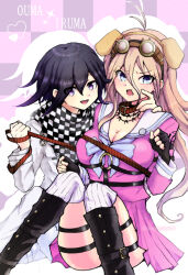 Rule 34 | 1boy, 1girl, animal ears, arm belt, blonde hair, blue eyes, blush, boots, breasts, character name, checkered clothes, checkered scarf, cleavage, collar, commentary request, dan (danbaldiav3), danganronpa (series), danganronpa v3: killing harmony, dog ears, eyelashes, fake animal ears, fingerless gloves, flipped hair, gloves, goggles, goggles on head, hair between eyes, harness, holding, holding leash, iruma miu, knees up, large breasts, leash, leash pull, long hair, long sleeves, looking at viewer, o-ring, o-ring harness, oma kokichi, open mouth, pants, purple eyes, purple hair, scarf, shirt, short hair, sitting, skindentation, straitjacket, thighhighs, thighhighs under boots, thighs, two-tone scarf, wavy hair, white thighhighs