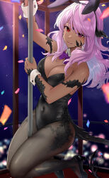 Rule 34 | 1girl, animal ears, arm up, audience, bare shoulders, black footwear, black leotard, black pantyhose, bow, bowtie, breasts, character request, cleavage, closed mouth, collar, confetti, copyright request, covered navel, dark-skinned female, dark skin, detached collar, fake animal ears, feet up, hand up, haru (nakajou-28), heterochromia, high heels, highres, large breasts, legs together, leotard, lips, long hair, looking at viewer, pantyhose, pink hair, pink lips, playboy bunny, pole dancing, purple bow, purple bowtie, purple eyes, rabbit ears, red eyes, scales, smile, swept bangs, tail, white collar, white wrist cuffs, wrist cuffs