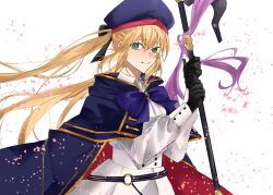 Rule 34 | 1girl, absurdres, artoria caster (fate), artoria caster (second ascension) (fate), artoria pendragon (fate), beret, black gloves, blonde hair, blue cape, bow, buttons, cape, double-breasted, fate/grand order, fate (series), gloves, gold trim, green eyes, hair ribbon, hat, highres, holding, long sleeves, looking at viewer, mage staff, multicolored cape, multicolored clothes, red cape, ribbon, seirara, simple background, smile, solo, twintails, white background