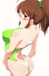 Rule 34 | 1girl, akizuki ritsuko, antenna hair, ass, breasts, brown eyes, brown hair, butt crack, competition swimsuit, covered erect nipples, cowboy shot, dimples of venus, from above, from behind, glasses, green one-piece swimsuit, idolmaster, idolmaster (classic), long hair, looking at viewer, looking back, one-piece swimsuit, ponytail, red-framed eyewear, semi-rimless eyewear, solo, standing, swimsuit, tengu (tetuo kun), under-rim eyewear