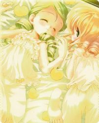 Rule 34 | 00s, 2girls, barefoot, bed sheet, blonde hair, bloomers, chemise, doll joints, drill hair, closed eyes, green hair, hinaichigo, joints, kanaria, long hair, looking back, lying, multiple girls, rozen maiden, sleeping, soles, underwear