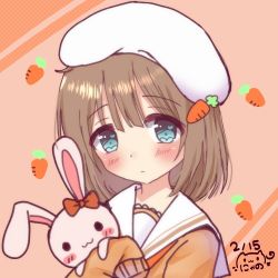 Rule 34 | 1girl, beret, blue eyes, blush, bow, brown hair, carrot hair ornament, closed mouth, commentary request, dated, food-themed hair ornament, hair between eyes, hair ornament, hat, hugging object, long hair, long sleeves, looking at viewer, nyano21, orange shirt, original, red bow, sailor collar, school uniform, serafuku, shirt, signature, sleeves past fingers, sleeves past wrists, solo, stuffed animal, stuffed rabbit, stuffed toy, upper body, white hat, white sailor collar