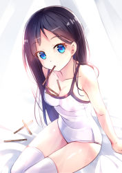 Rule 34 | 1girl, arm support, bad id, bad pixiv id, bed sheet, between breasts, black hair, blue eyes, breasts, collarbone, eyebrows, food, legs together, long hair, looking at viewer, md5 mismatch, medium breasts, mouth hold, one-piece swimsuit, original, pocky, shiny skin, sitting, solo, swimsuit, thighhighs, thighs, white one-piece swimsuit, white thighhighs, yan (nicknikg)