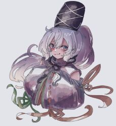 Rule 34 | 1girl, 87ilil, black hat, closed mouth, commentary request, full body, grey background, grey eyes, grey hair, hat, long hair, looking at viewer, mononobe no futo, ponytail, ribbon-trimmed sleeves, ribbon trim, simple background, smile, solo, tate eboshi, touhou, upper body