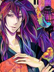 Rule 34 | 1boy, bird, bird on hand, hand fan, japanese clothes, kamui gakupo, kimono, male focus, oekaki, purple theme, solo, tegaki, vocaloid