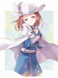Rule 34 | 1girl, blue dress, braid, bridal gauntlets, brown eyes, brown hair, cape, cowboy shot, cropped legs, dress, feathers, floating hair, french braid, happy birthday, hat, hat feather, head tilt, long hair, long sleeves, looking at viewer, makino (727me727), petals, short dress, single braid, smile, solo, sword art online, sword art online the movie: ordinal scale, white cape, white feathers, white hat, yuna (sao)