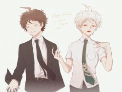 Rule 34 | 2boys, :o, absurdres, archetto l, black gloves, black jacket, black necktie, black pants, blush, character name, cowboy shot, danganronpa (series), danganronpa 2: goodbye despair, danganronpa 3 (anime), gloves, grin, hands up, happy birthday, highres, hinata hajime, hinata hajime (awakened), holding hands, jacket, long sleeves, multiple boys, necktie, open clothes, open jacket, open mouth, pants, red eyes, shirt, short sleeves, simple background, smile, teeth, upper teeth only, white hair, white shirt