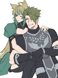 Rule 34 | 1boy, 1girl, achilles (fate), ahoge, animal ear fluff, animal ears, armor, atalanta (fate), black pantyhose, black shirt, brown eyes, cleavage cutout, clothing cutout, eyelashes, fate/apocrypha, fate (series), gauntlets, gradient hair, green eyes, green hair, hand on another&#039;s shoulder, haruakira, highres, hug, hug from behind, multicolored hair, pantyhose, puffy short sleeves, puffy sleeves, ribbed shirt, shirt, short hair, short sleeves, sitting, undercut, white background