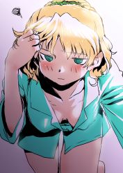 Rule 34 | 1girl, adjusting hair, bent over, blonde hair, blush, bottomless, breasts, breasts apart, collarbone, downblouse, embarrassed, goton goton, gradient background, green eyes, hanging breasts, highres, legs, looking at viewer, mizuhashi parsee, pajamas, pointy ears, purple background, shirt, short hair, simple background, solo, touhou, wavy mouth