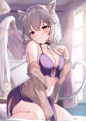 Rule 34 | 1girl, animal ears, blush, breasts, brown jacket, cat ears, cat tail, cleavage, closed mouth, collarbone, feathered wings, grey hair, hair between eyes, highres, jacket, kishin sagume, large breasts, long sleeves, navel, niko kusa, open clothes, open jacket, red eyes, short hair, single wing, solo, tail, touhou, white wings, wings