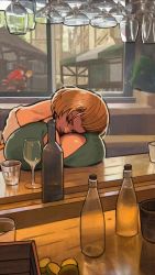Rule 34 | 1girl, alternate breast size, bar (place), bottle, breast pillow, breast rest, breasts, brown hair, character request, cleavage, closed eyes, cup, drinking glass, eyeshadow, fire emblem, fire emblem: three houses, hair slicked back, highres, huge breasts, indoors, leaning forward, makeup, manuela casagranda, meme, nintendo, self pillow, short hair, shot glass, shroedinger, sitting, sleeping, wine glass