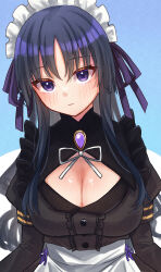 Rule 34 | 1girl, absurdres, apron, arms at sides, assault lily, black hair, black shirt, blue background, blush, breasts, brooch, buttons, center frills, cleavage, cleavage cutout, closed mouth, clothing cutout, commentary, frilled shirt, frills, gem, gradient background, hair between eyes, hair ribbon, highres, jewelry, juliet sleeves, large breasts, long hair, long sleeves, looking at viewer, maid, maid headdress, neck ribbon, official alternate costume, puffy sleeves, purple eyes, purple gemstone, purple ribbon, ribbon, shirai yuyu, shirt, sidelocks, solo, two-tone background, upper body, very long hair, waist apron, white background, white ribbon, yozakurayuyu