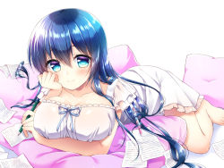 Rule 34 | 1girl, aoshima kanae, arm support, barefoot, blue eyes, blue hair, blue ribbon, blush, breasts, closed mouth, collarbone, commentary request, dress, hair between eyes, large breasts, long hair, lying, mechanical pencil, on stomach, original, paper, pen, pencil, pillow, prehensile hair, ribbon, short sleeves, smile, solo, traditional youkai, very long hair, white background, white dress, writing