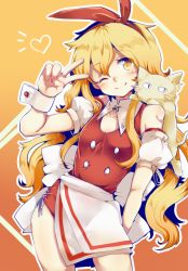 Rule 34 | 1girl, ;), blonde hair, cat, cleavage cutout, clothing cutout, ellen (touhou), gradient background, hairband, heart, long hair, looking at viewer, one eye closed, orange background, smile, sokrates (touhou), solo, touhou, touhou (pc-98), v, wadante, yellow eyes