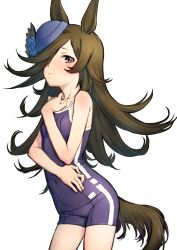 Rule 34 | 1girl, animal ears, blue flower, blue hat, blue rose, blush, breasts, brown hair, commentary request, flower, hair over one eye, hat, hat flower, highres, horse ears, horse girl, horse tail, long hair, looking at viewer, nametake, nose blush, one-piece swimsuit, purple eyes, rice shower (umamusume), rose, simple background, small breasts, solo, swimsuit, tail, tilted headwear, tracen swimsuit, umamusume, very long hair, white background