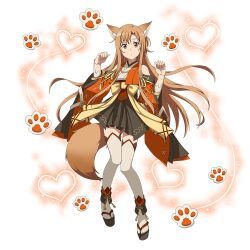 Rule 34 | 1girl, animal ears, asuna (sao), brown eyes, brown hair, brown skirt, commentary request, detached sleeves, floating hair, fox ears, fox tail, full body, heart, highres, japanese clothes, long hair, looking at viewer, miniskirt, non-web source, official art, parted lips, pleated skirt, simple background, skirt, solo, standing, sword art online, sword art online: memory defrag, tail, thighhighs, transparent background, very long hair, white thighhighs