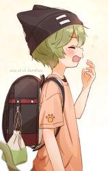 Rule 34 | 1boy, bag, closed eyes, commentary, far tarooo, from side, green hair, hat, highres, male focus, open mouth, original, school bag, shirt, short hair, short sleeves, simple background, sleepy, solo, symbol-only commentary, tearing up, yawning