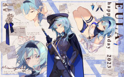 Rule 34 | 1girl, absurdres, adjusting hair, alternate costume, belt, bikini, birthday, black cape, black gloves, black hairband, black suit, blue cape, blue gemstone, blue hair, breasts, cape, character name, closed mouth, dated, eula (genshin impact), food in mouth, formal, gem, genshin impact, gloves, hair between eyes, hair ornament, hairband, hand up, happy birthday, hat, highres, holding, holding sword, holding weapon, jacket, kodona, legs together, lolita fashion, long sleeves, looking at viewer, looking up, medium breasts, medium hair, military hat, military uniform, mouth hold, multicolored eyes, multiple views, off shoulder, oriori 0201, pants, rainbow eyes, seiza, sheath, shirt, sitting, skindentation, string bikini, suit, swimsuit, sword, thick thighs, thigh strap, thighs, two-sided cape, two-sided fabric, uniform, unsheathing, weapon, white belt, white bikini, white shirt