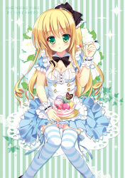 Rule 34 | 1girl, alice (alice in wonderland), alice in wonderland, ameto yuki, bad id, bad pixiv id, blonde hair, blush, breasts, candy, chocolate, chocolate heart, dress, food, green eyes, hair ribbon, heart, holding, holding spoon, long hair, looking at viewer, ribbon, solo, spoon, striped background, striped clothes, striped thighhighs, thighhighs, vertical stripes, wrist cuffs