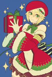 Rule 34 | 1girl, absurdres, back bow, bare shoulders, blazblue, blazblue alternative: dark war, blonde hair, blue background, bow, bowtie, box, christmas, covered navel, detached collar, detached sleeves, dress, fur trim, galadysp, gift, gift box, gloves, green bow, green bowtie, green eyes, green ribbon, highres, holding, holding gift, light blush, mistletoe, noel vermillion, official alternate costume, red headwear, ribbon, santa costume, shoulder ribbon, simple background, smile, solo, sparkle, thighhighs, upper body, white gloves, wide hips, wide sleeves, zettai ryouiki