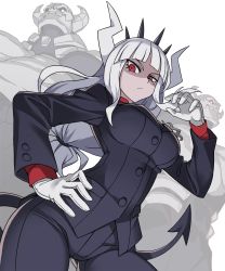 Rule 34 | 1girl, black tail, blunt bangs, breasts, business suit, closed mouth, cowboy shot, demon girl, demon horns, demon tail, formal, from below, gloves, gluteal fold, hand on own hip, hand up, helltaker, highres, horns, kyo-hei (kyouhei), large breasts, long hair, long sleeves, looking at viewer, lucifer (helltaker), mole, mole under eye, red eyes, simple background, skeleton (helltaker), solo, standing, suit, tail, white background, white gloves, white hair, white horns