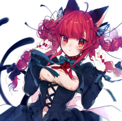 Rule 34 | 1girl, :&lt;, animal ears, black bow, black ribbon, blunt bangs, bow, braid, breasts, cat ears, cat tail, corset, daimaou ruaeru, dress, hair bow, hair ornament, highres, kaenbyou rin, long hair, long sleeves, looking at viewer, medium breasts, multiple tails, nail polish, puffy long sleeves, puffy sleeves, red eyes, red hair, red nails, ribbon, solo, tail, touhou, two tails, upper body, white background