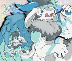 Rule 34 | 1other, animal ears, animal hands, artist name, blue background, blue eyes, blue horns, blue wings, body fur, body markings, chibi, chibi inset, claws, colored tips, commission, dragon, dragon horns, dragon tail, drooling, feathered wings, floppy ears, food, forked tongue, furry, green fur, green hair, green wings, grey background, grey hair, grid background, hand up, highres, holding, holding food, holding pocky, horns, kagaya (oshiriudon), licking lips, looking at viewer, mouth drool, multicolored background, multicolored hair, multiple views, neck fur, open mouth, original, pocky, sitting, sparkle, tail, tongue, tongue out, two-tone hair, upper body, wings
